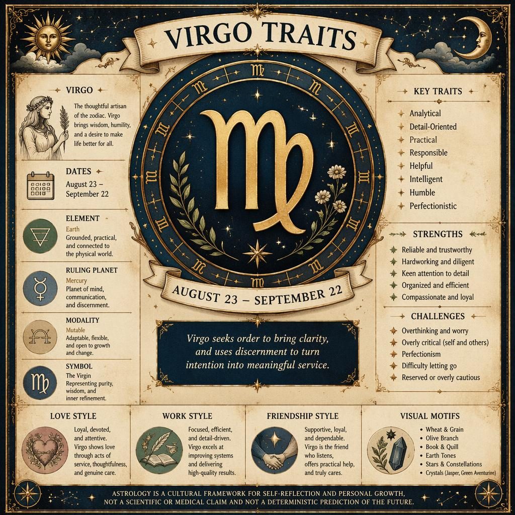 Zodiac infographic titled "Virgo Traits". SIGN PROFILE CARD. Hero Virgo glyph centered with elegant circular celestial f