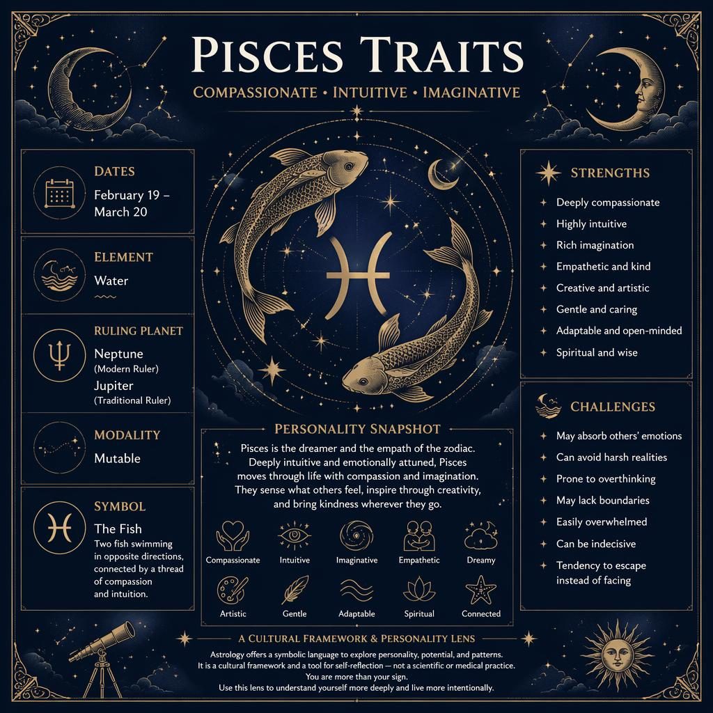 Vintage-style Pisces traits infographic in deep blue and gold with zodiac glyph, dates, element, ruling planet, and traits.