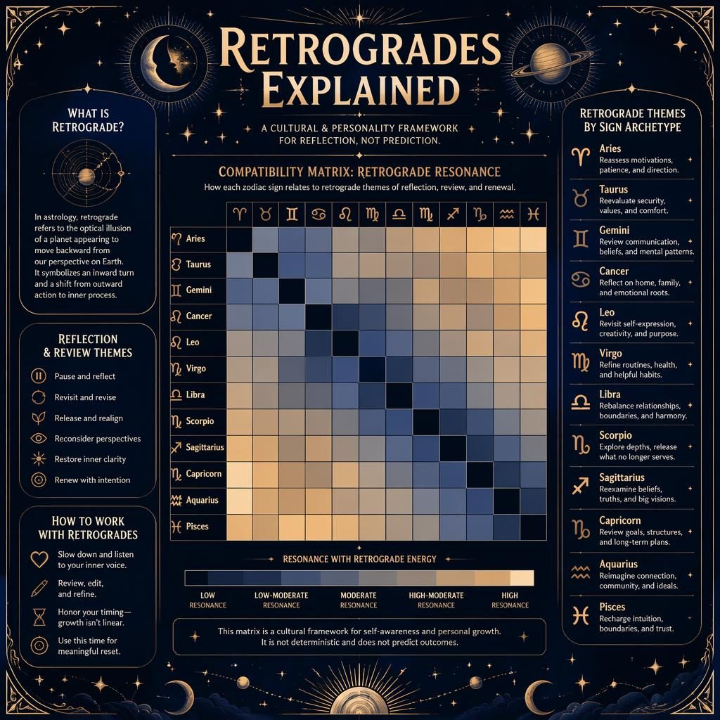 Deep blue and gold zodiac infographic with a 12x12 retrograde compatibility matrix, celestial motifs, side panels, and ornate borders.