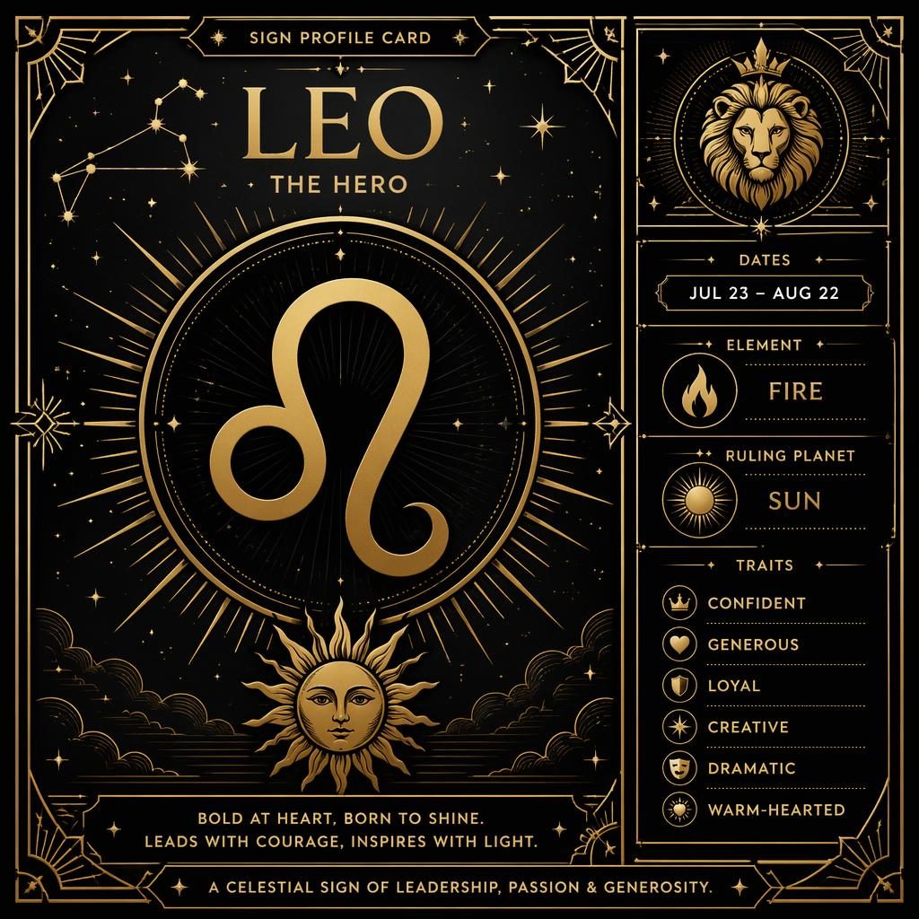 Art deco Leo Traits infographic card with Leo glyph, Jul 23–Aug 22, Fire, Sun, traits, constellation accents, and gold linework.