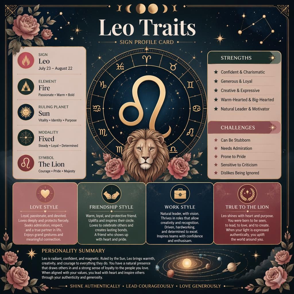 Pastel Leo traits zodiac infographic with Leo glyph, zodiac wheel, stars, moon phases, constellations, and profile sections.