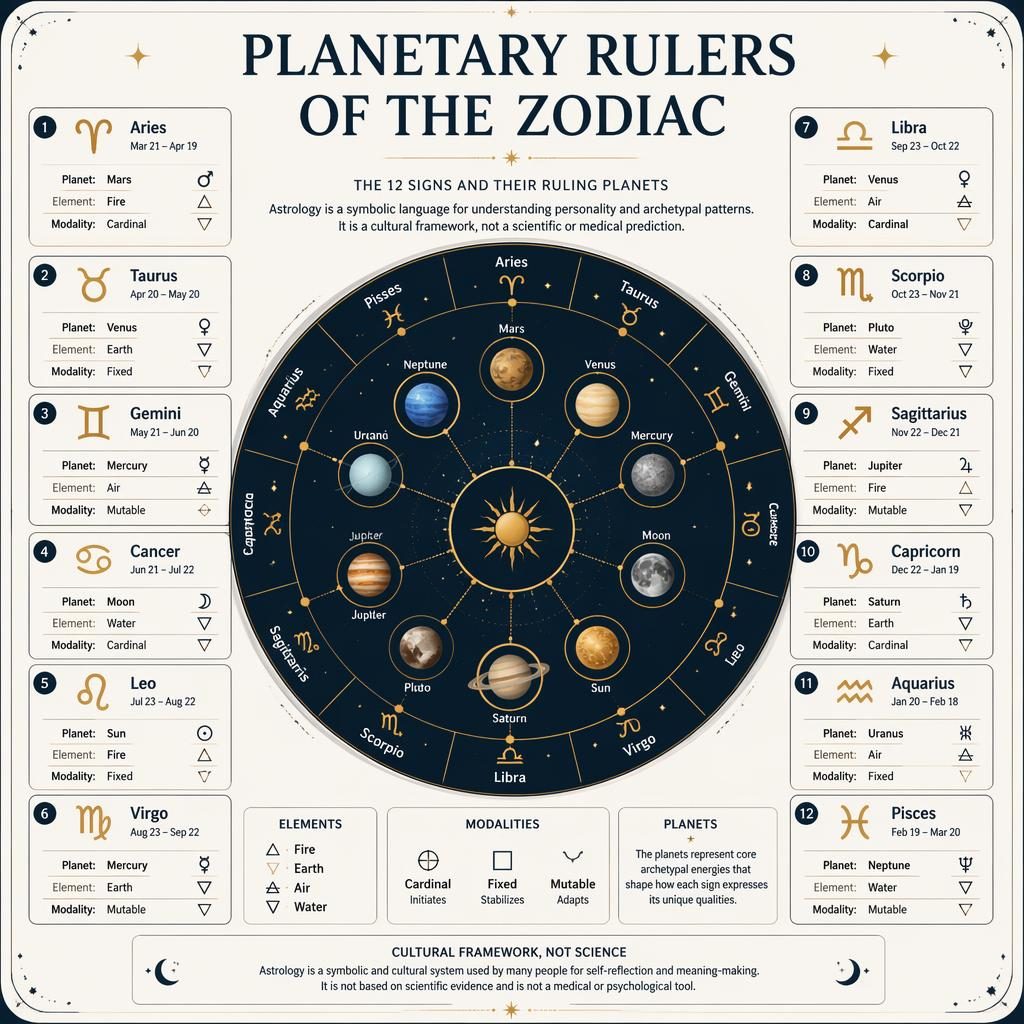 Minimal zodiac infographic showing 12 signs, ruling planets, celestial diagram, dates, elements, and modalities.