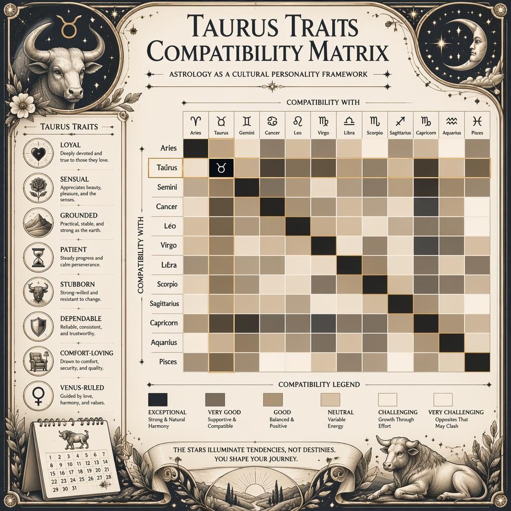 Art nouveau Taurus compatibility matrix infographic with 12 zodiac signs, celestial motifs, monochrome blue-gold styling.