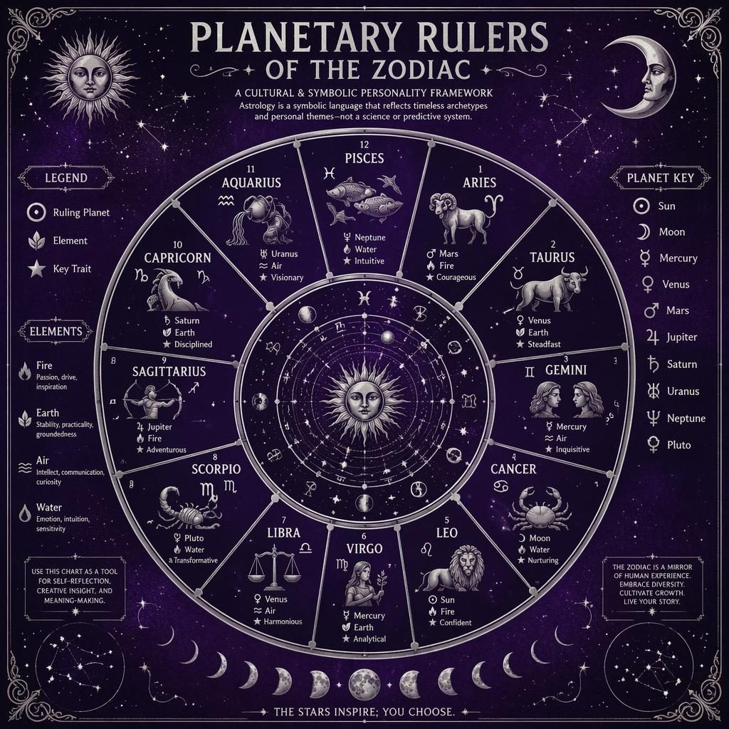 Vintage-style zodiac wheel infographic with 12 signs, ruling planets, glyphs, lunar phases, and purple silver celestial details