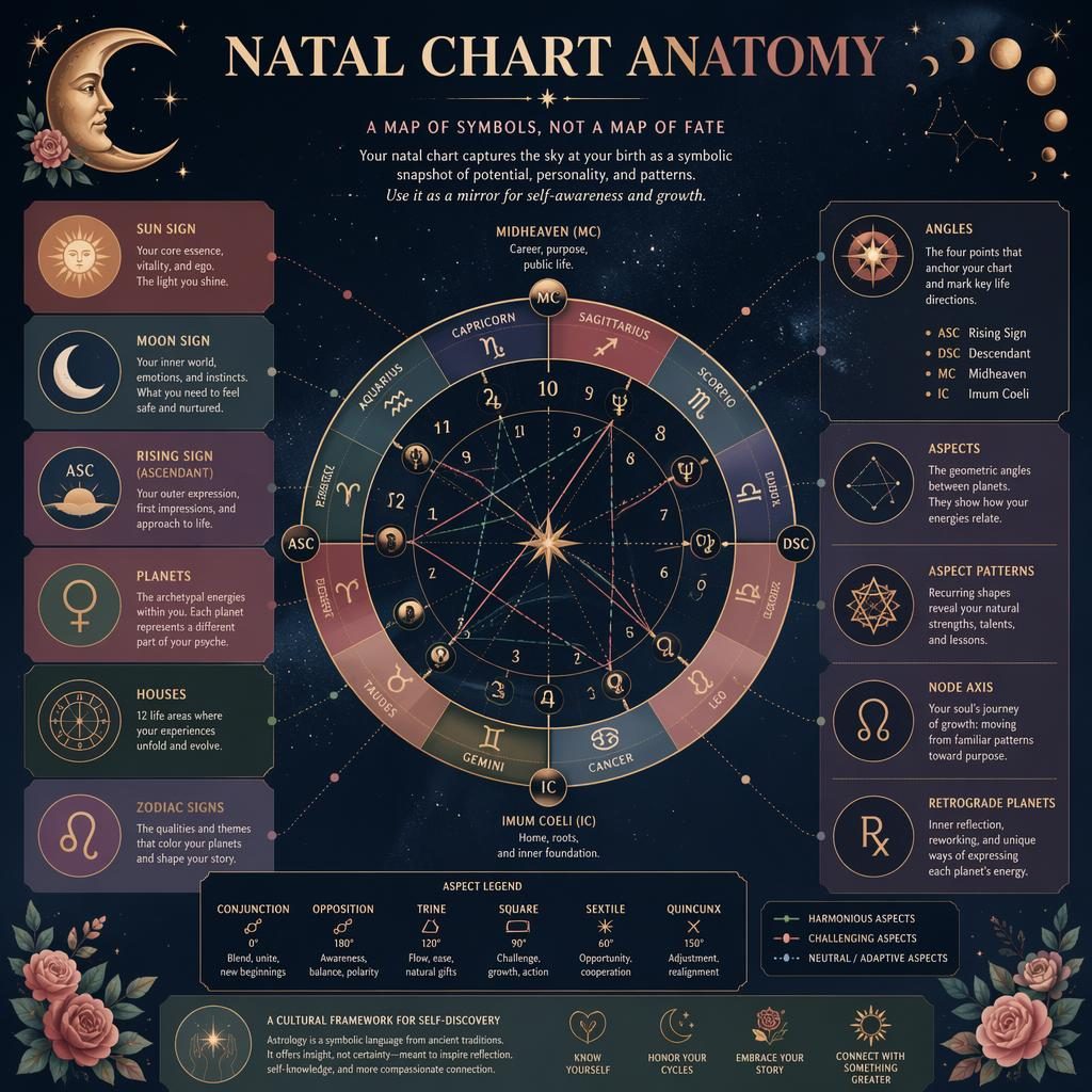 Infografía zodiacal elegante con rueda natal central, 12 casas, planetas, aspectos y etiquetas en inglés sobre fondo azul y dorado.