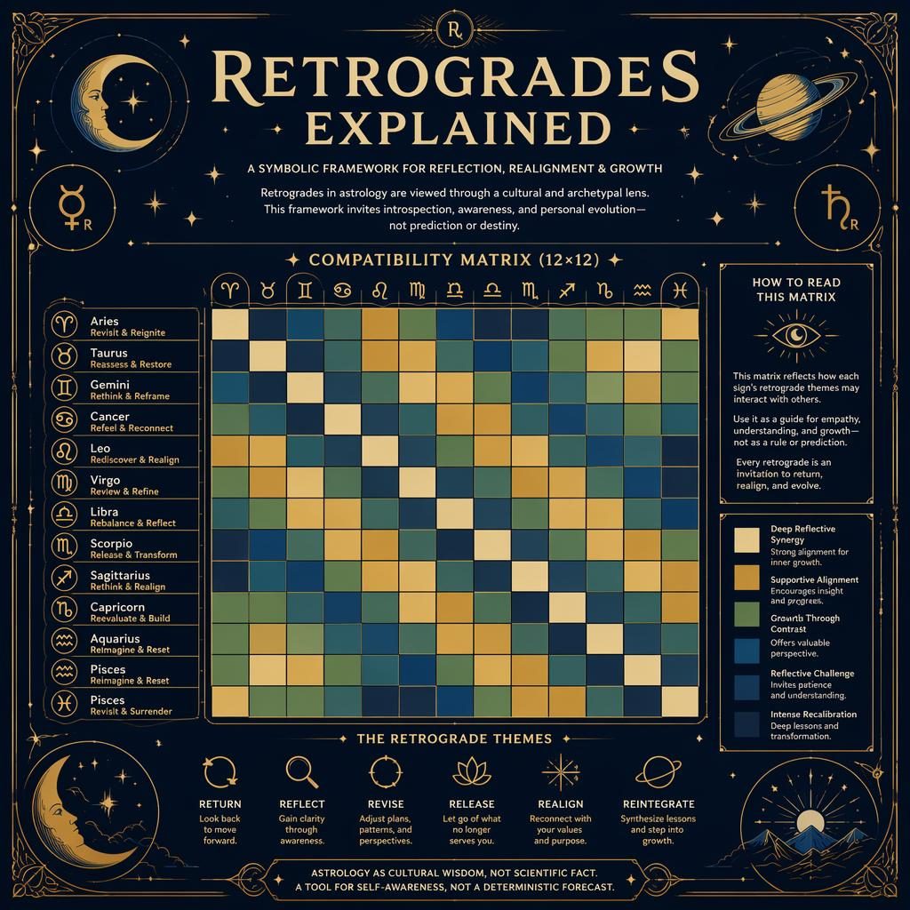 Infografía zodiacal 12×12 en azul profundo y dorado sobre retrogradaciones, con signos en inglés, leyenda y motivos celestes.