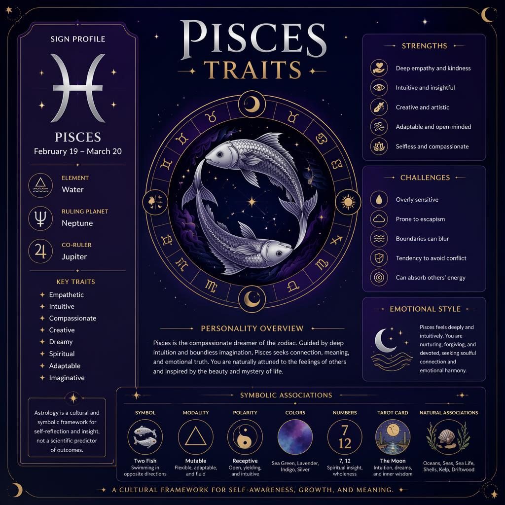 Minimal Pisces traits infographic card with glyph, dates, element, ruling planet, traits, star field, moon motifs, purple and gold.