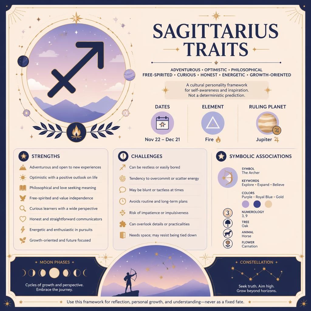 Clean Sagittarius traits infographic with glyph, date range, Jupiter, element, stars, constellation lines, and pastel cosmic icons.