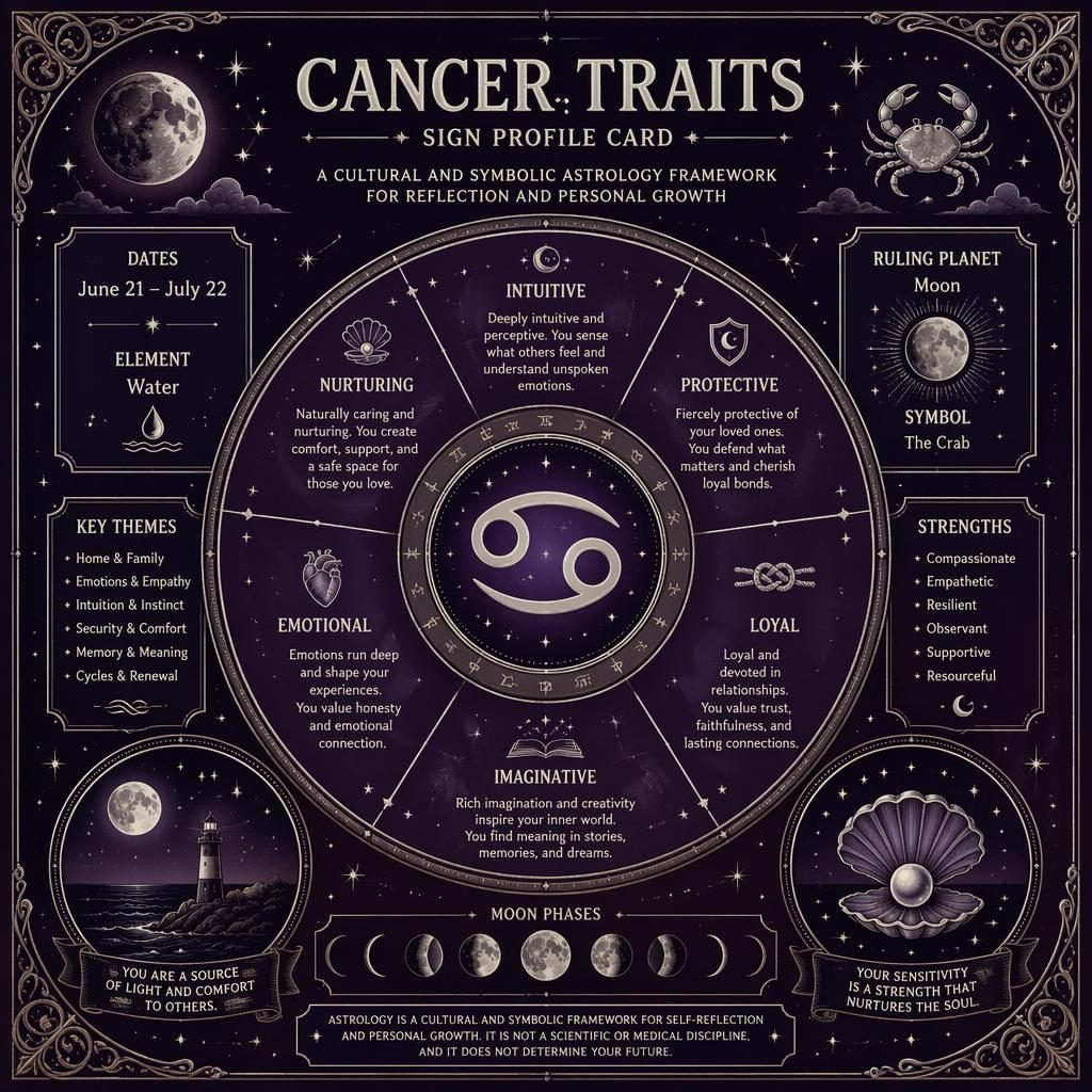Vintage astrology infographic for Cancer with central glyph, circular chart, moon phases, stars, June 21–July 22, water, Moon.