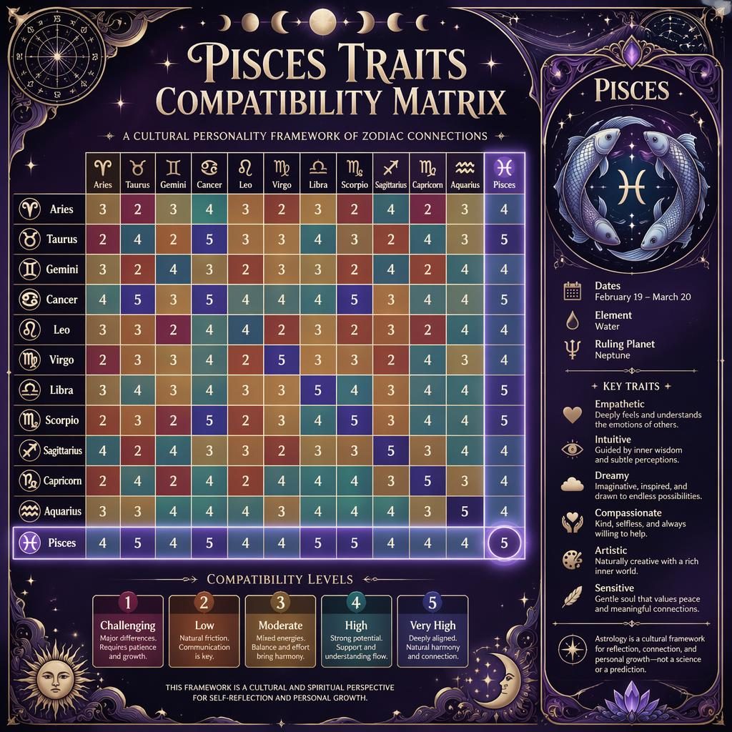 Art nouveau Pisces compatibility matrix infographic with 12 zodiac signs, deep purple and silver celestial motifs.