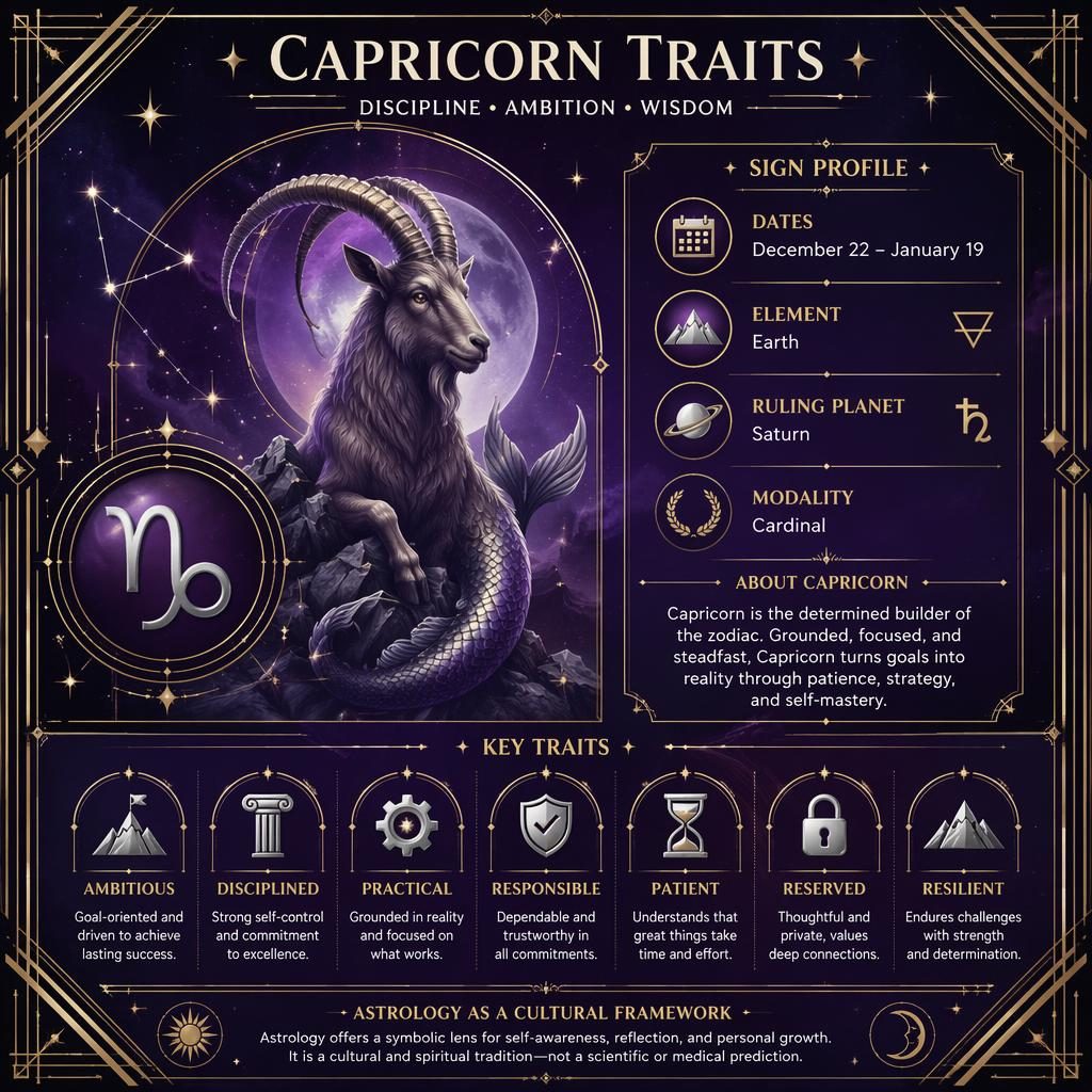 Mystical Capricorn traits infographic card with Capricorn glyph, dates, Saturn, key traits, purple, silver, and gold.
