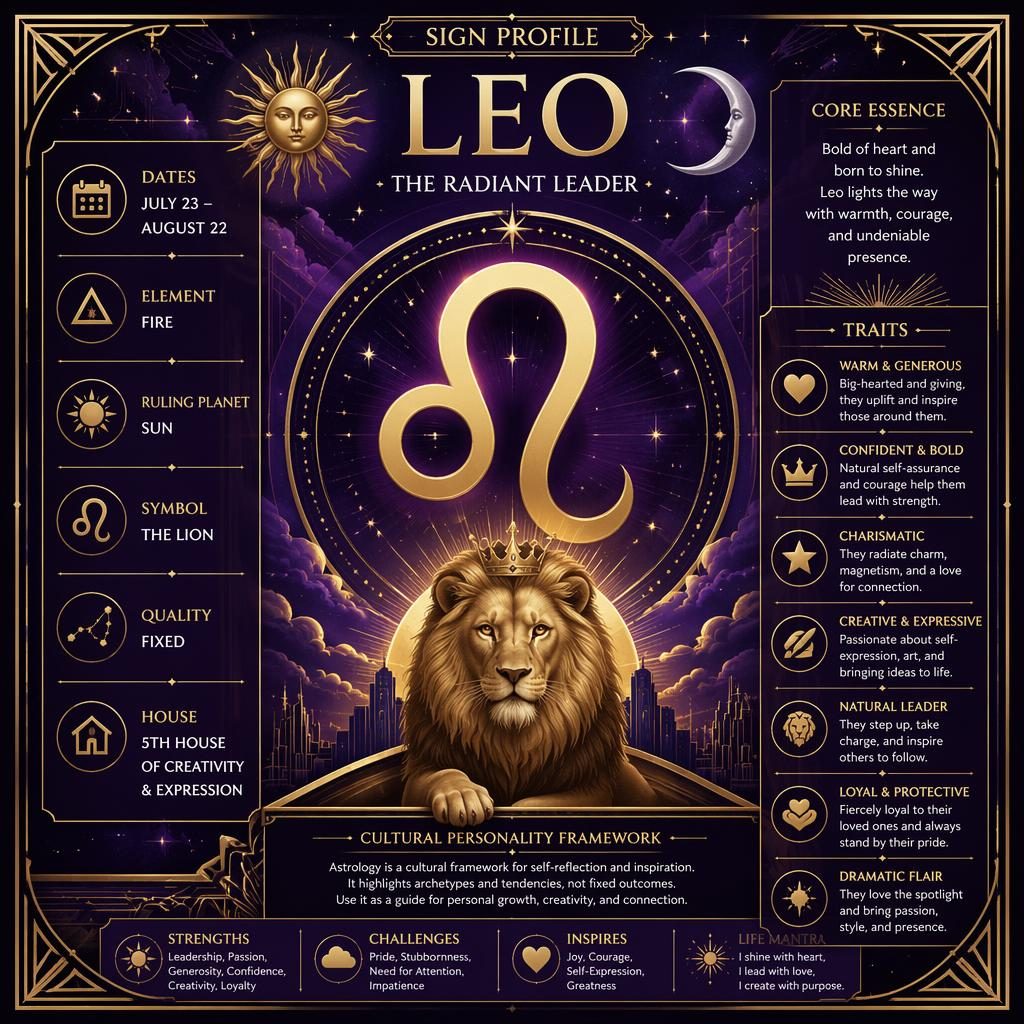 Art Deco Leo zodiac profile card with large Leo glyph, deep purple, silver and gold accents, stars, sun and moon icons.