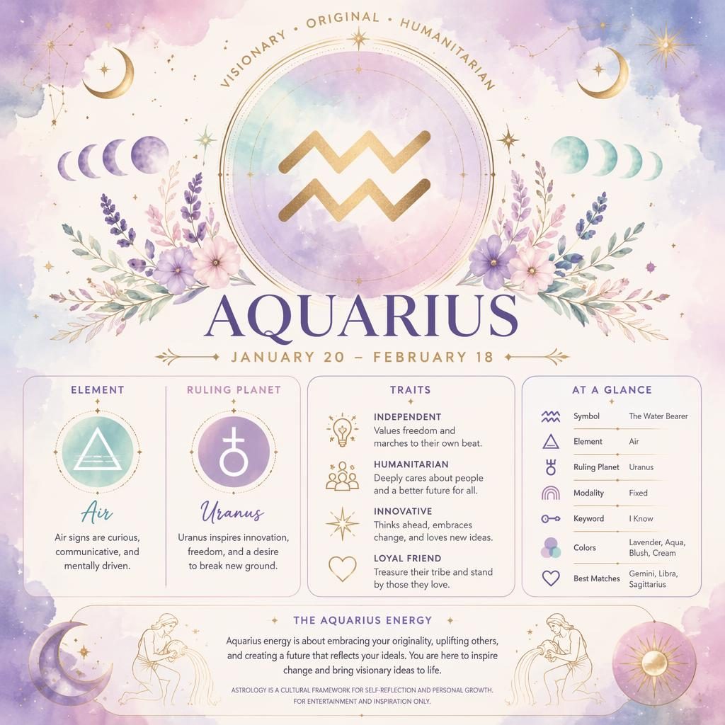 Pastel celestial Aquarius traits infographic with centered glyph, stars, moon phases, dates, element, ruling planet, and traits.