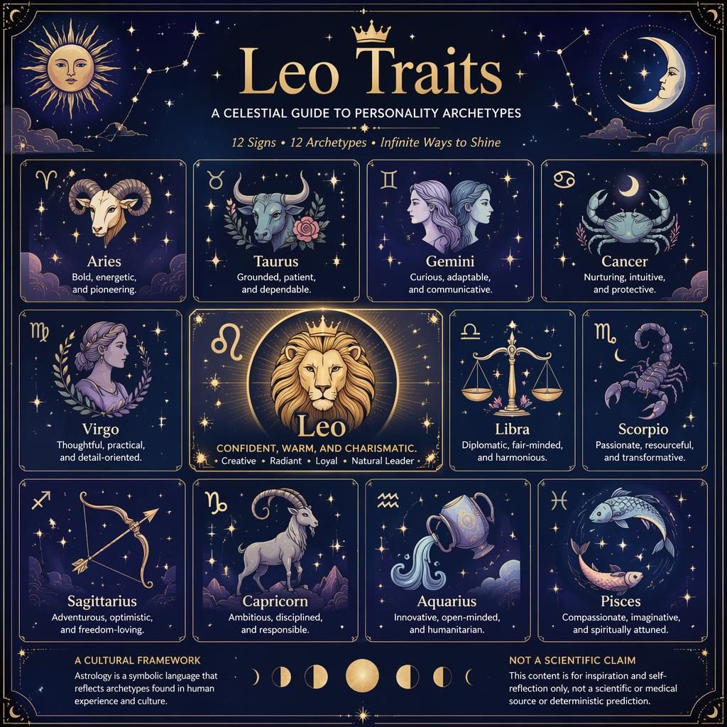 Editorial zodiac grid infographic showing all 12 signs, with subtle Leo emphasis, celestial charts, moon phases, and gold pastel motifs.