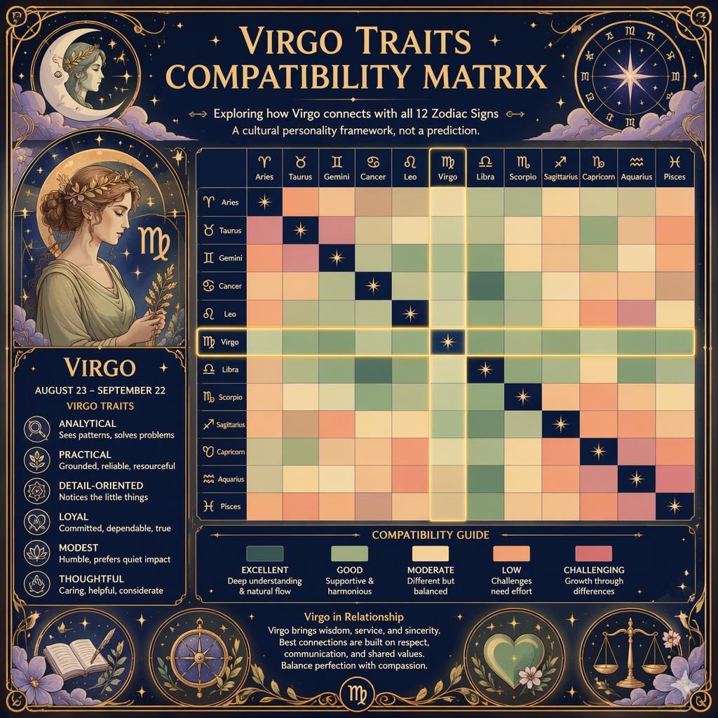 Art nouveau Virgo zodiac compatibility matrix infographic with 12x12 heatmap, pastel celestial motifs, stars, moons, and gold accents.