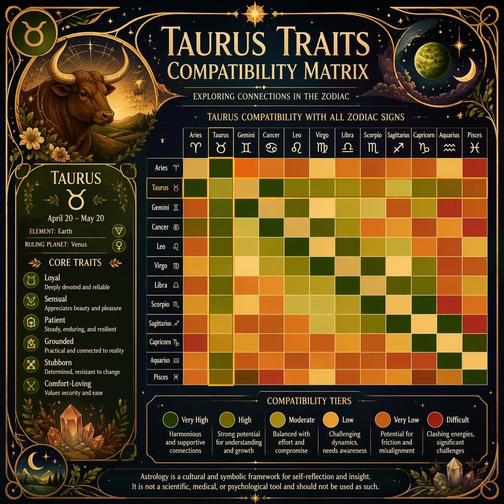 Art nouveau Taurus compatibility matrix infographic with 12 zodiac signs, blue-gold heatmap, Taurus profile inset, and celestial motifs