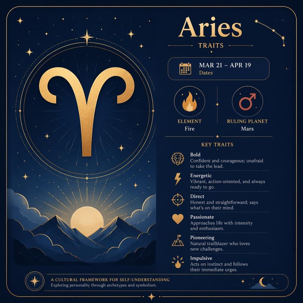 Aries traits infographic card with large Aries glyph, Mar 21–Apr 19, Fire, Mars, and bold trait labels in deep blue and gold.