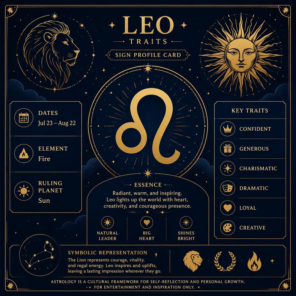 Minimal Leo sign profile infographic with gold Leo glyph, Jul 23–Aug 22, Fire element, Sun ruler, stars and sun motif.