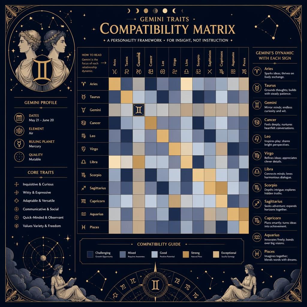 Art nouveau zodiac infographic heatmap for Gemini with 12 signs, deep blue and gold celestial motifs, legend, and profile callout.