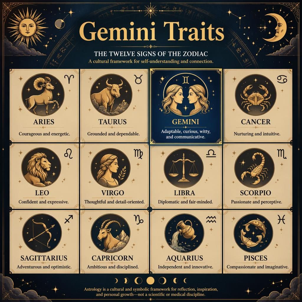 Editorial zodiac infographic in a 12-sign grid with Gemini subtly highlighted, celestial motifs, star charts, and earth tones.