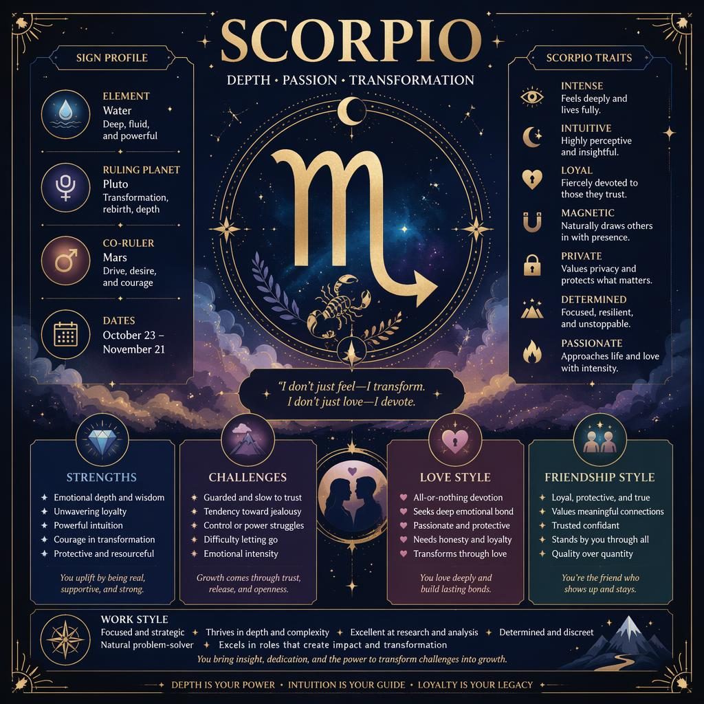Scorpio traits infographic card with centered glyph, stars, moons, constellation accents, and deep blue, pastel, gold design.