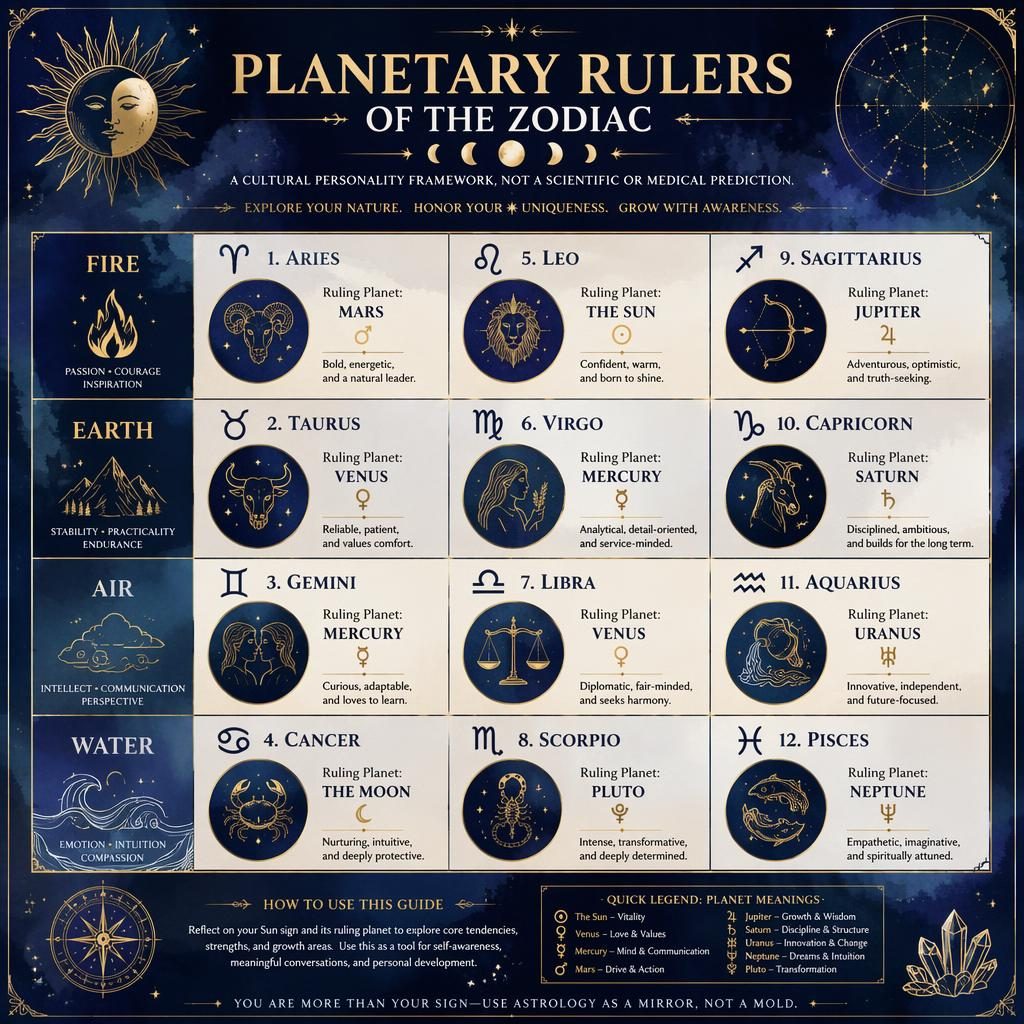 Mystical zodiac infographic showing 12 signs by element with ruling planets, traits, glyphs, moon phases, and star maps.