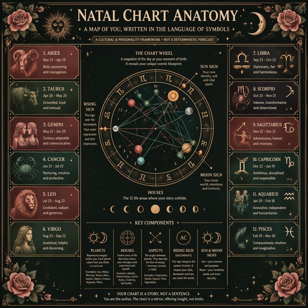 Editorial zodiac infographic with a 12-sign grid, natal chart wheel, moon phases, constellations, and gold celestial details.