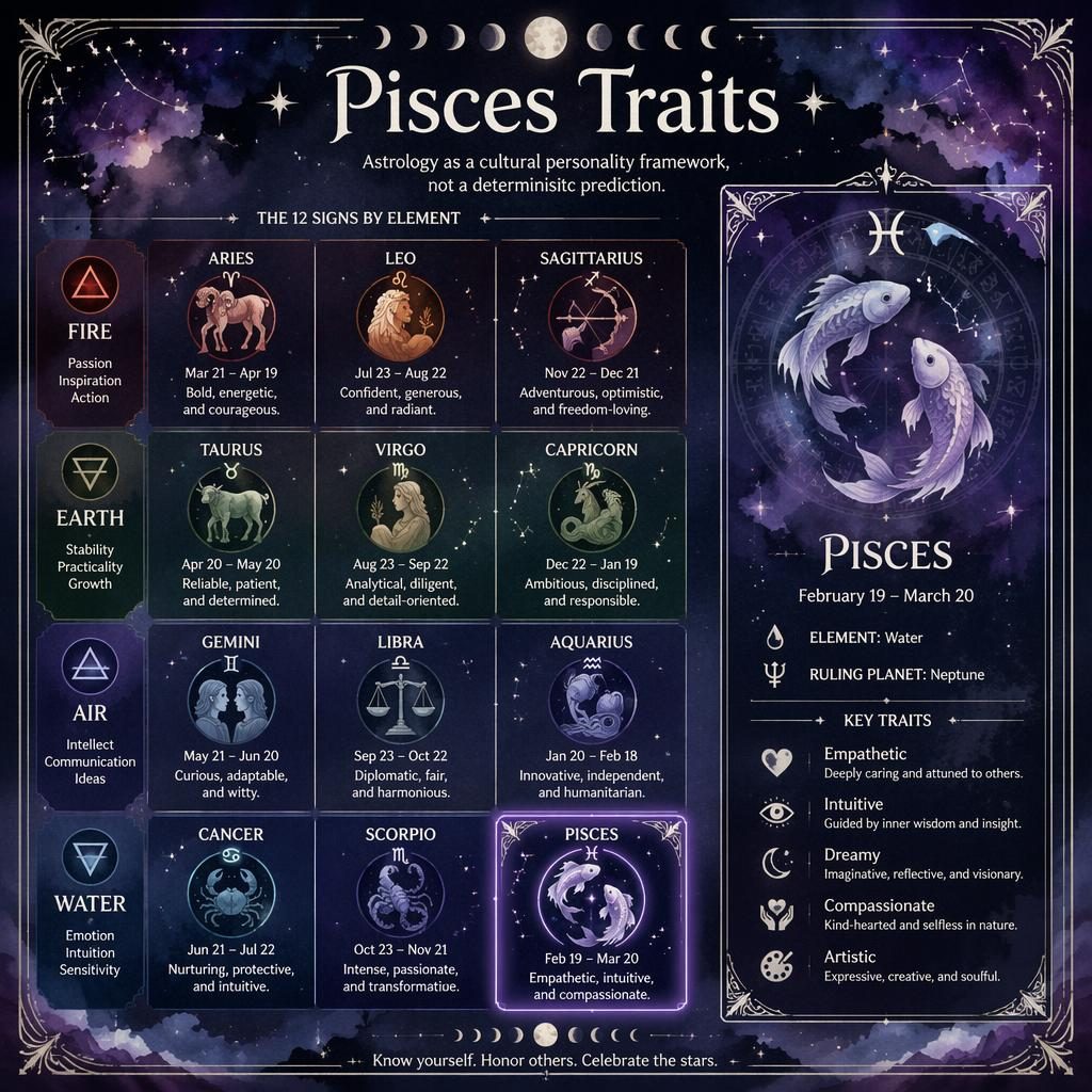 Watercolor zodiac infographic showing all 12 signs by element, with Pisces highlighted in purple and silver celestial design.