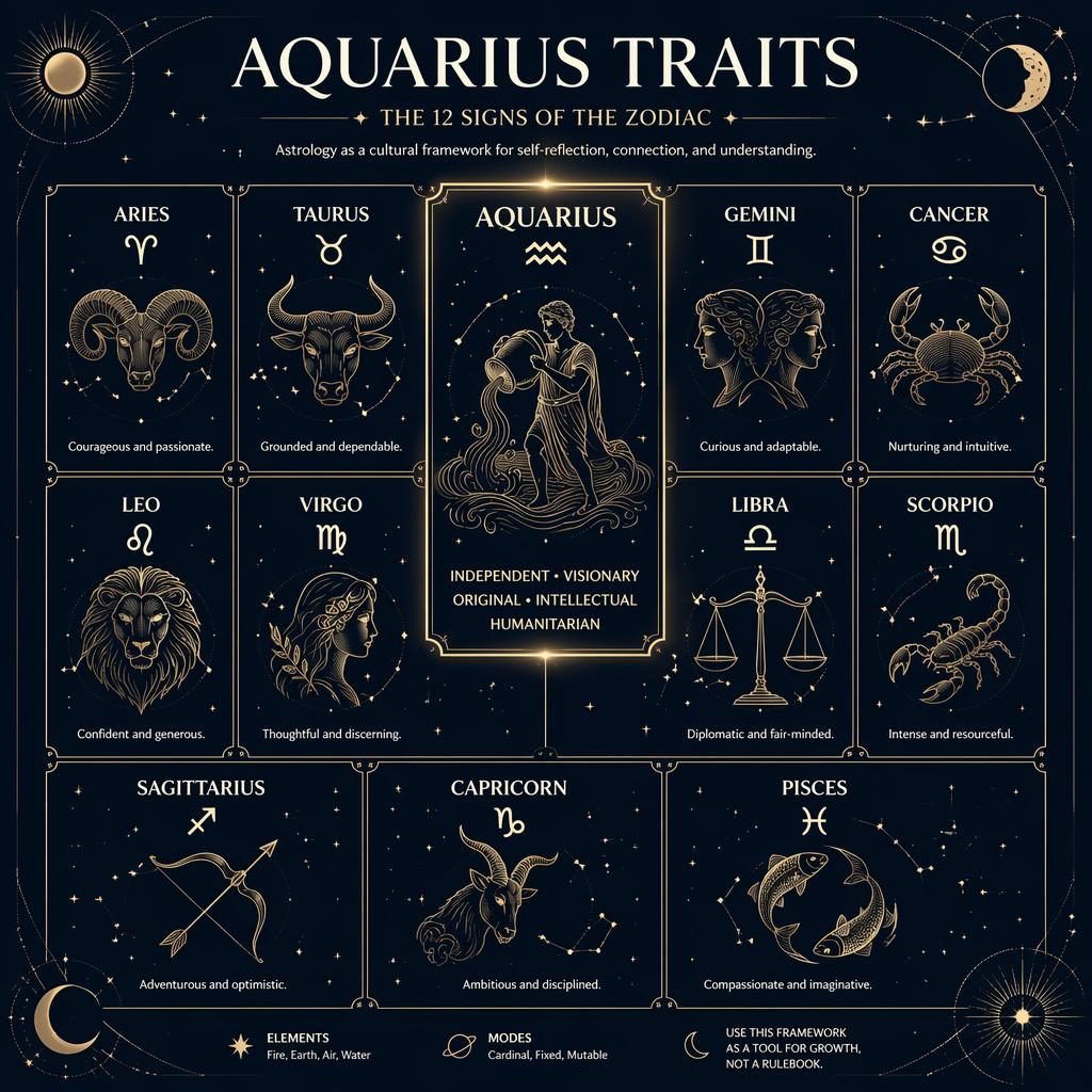 Infografía editorial del zodiaco en cuadrícula de 12 signos, con Acuario resaltado, fondo azul profundo y detalles dorados.