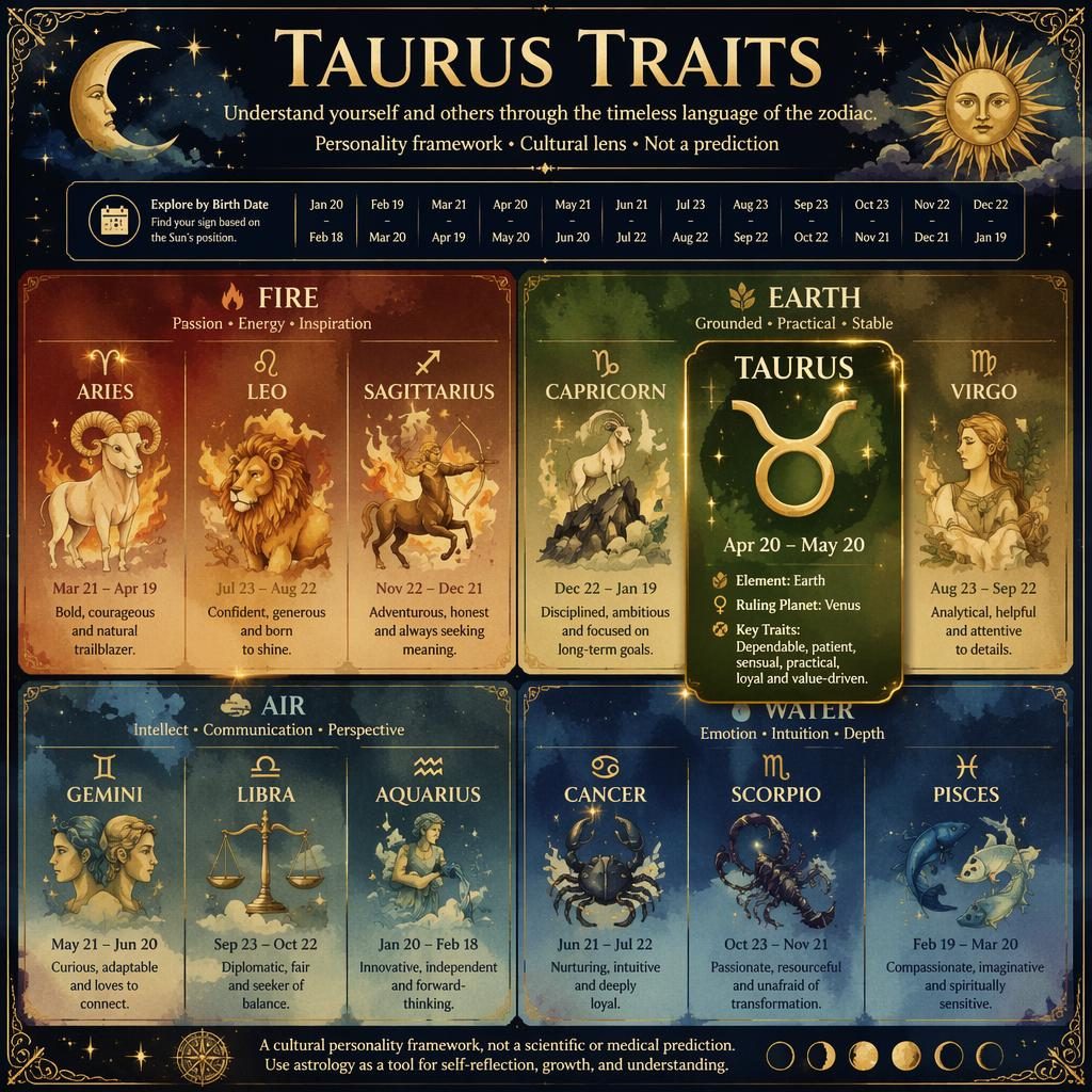 Watercolor zodiac infographic with Fire, Earth, Air, Water sections, Taurus highlighted with dates, traits, glyph, and planet.