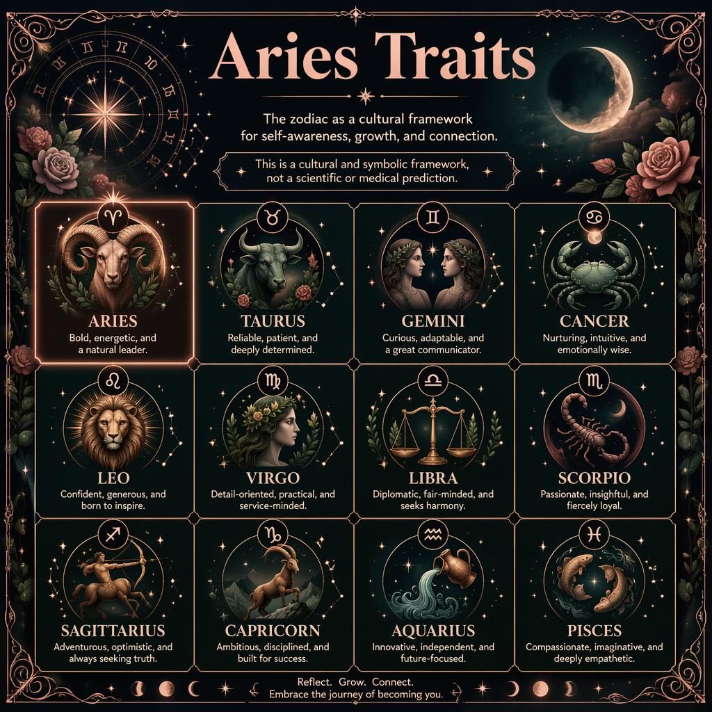 Editorial zodiac infographic titled Aries Traits with a 12-sign grid, Aries highlighted, celestial motifs, star charts, and ornate borders.