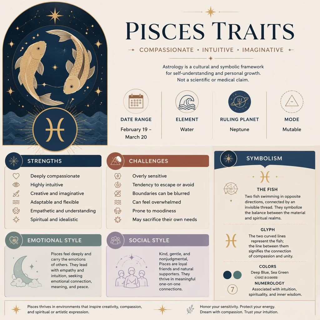 Minimal Pisces traits infographic with glyph, dates, Neptune, traits, icons, and warm celestial design accents.