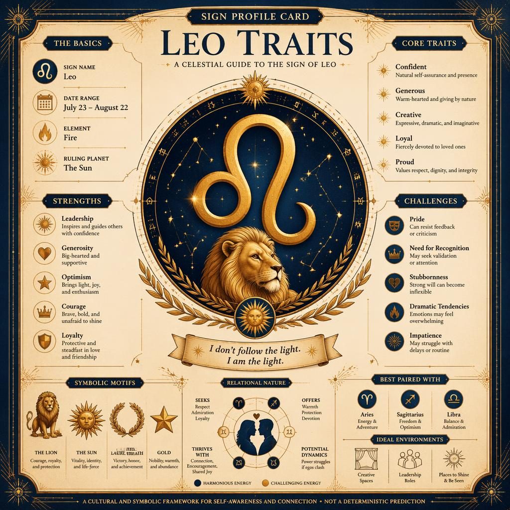 Vintage-style Leo Traits zodiac infographic with central Leo glyph, annotated sections, star maps, sun motifs, and ornate borders.