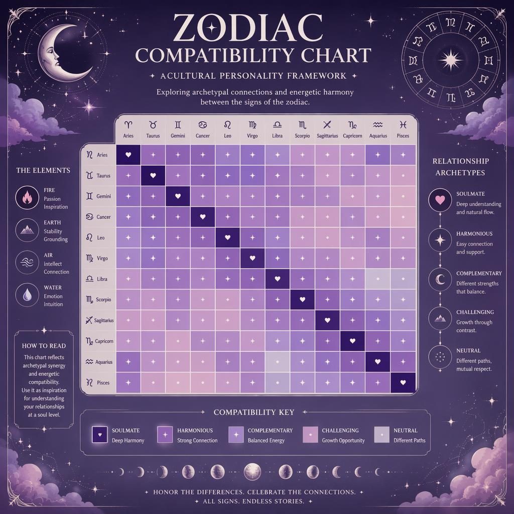 Editorial zodiac compatibility matrix infographic with 12 signs, legend, celestial motifs, and deep purple pastel gradients.