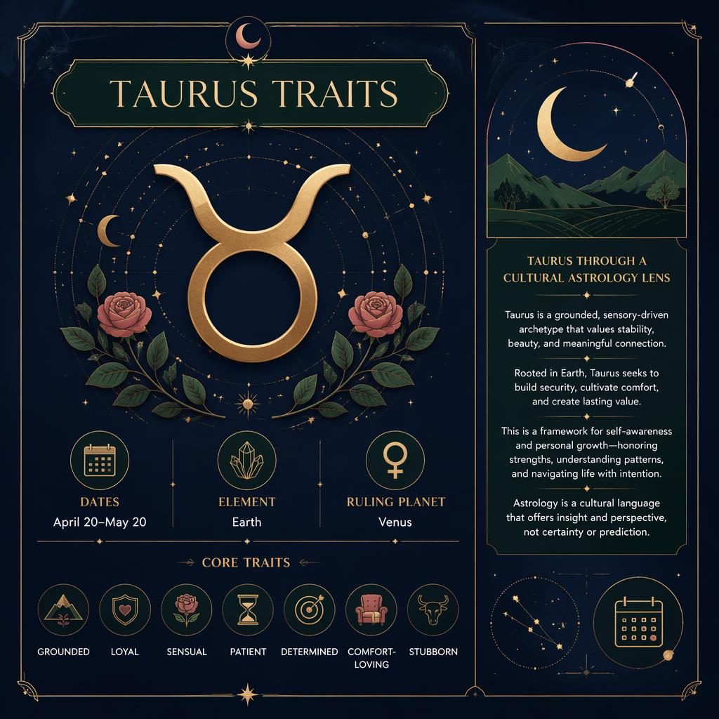 Minimal Taurus Traits infographic card with Taurus glyph, April 20–May 20, Earth, Venus, traits, stars, moon, and orbit lines.