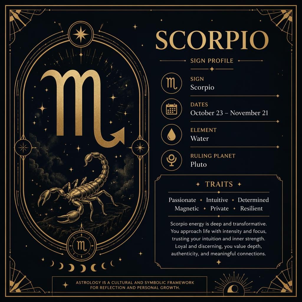 Tarjeta zodiacal de Scorpio con glifo grande, fechas, elemento Agua, Pluto y rasgos en diseño celeste azul y dorado