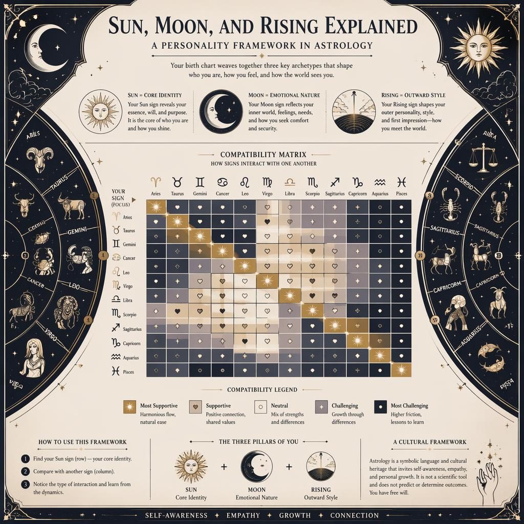 Astrology infographic with a 12x12 zodiac compatibility matrix, circular sign chart, celestial icons, and Sun, Moon, Rising labels.