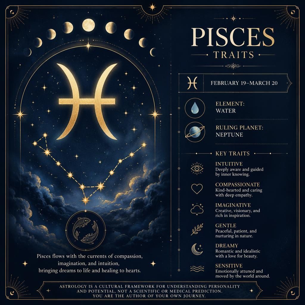Pisces Traits infographic card with Pisces glyph, constellation, dates, water element, Neptune, and soft celestial art.