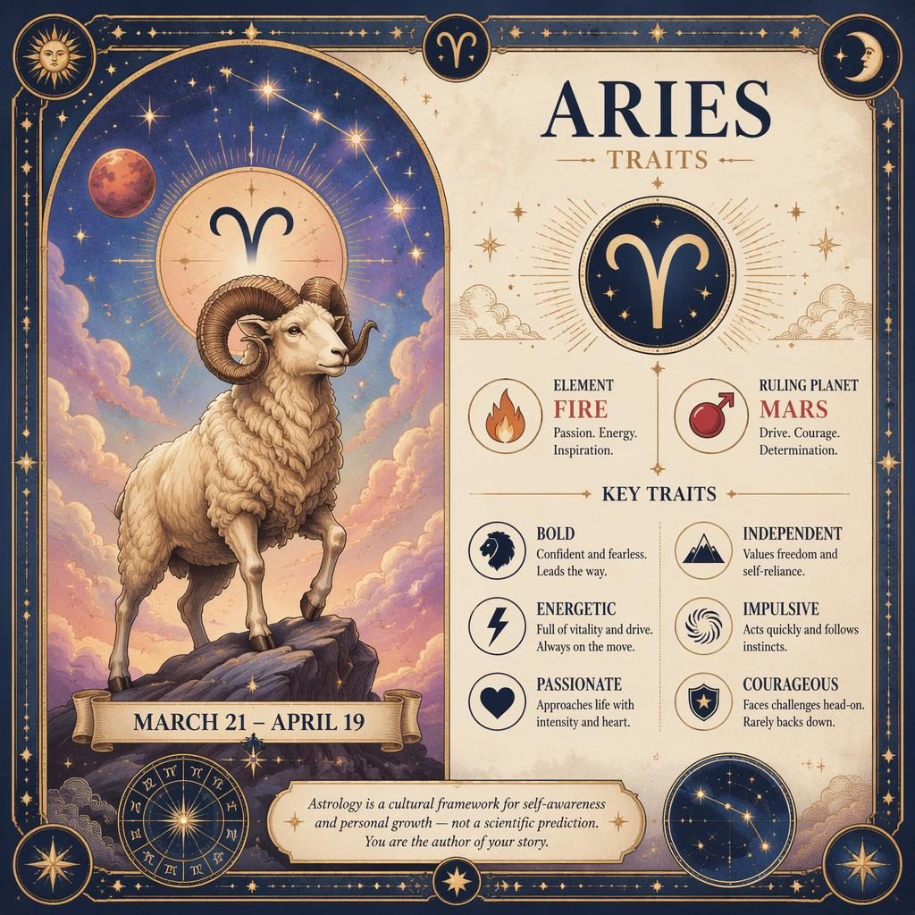 Vintage-style Aries traits infographic with Aries glyph, dates, Fire element, Mars ruling planet, traits, and ornate border.