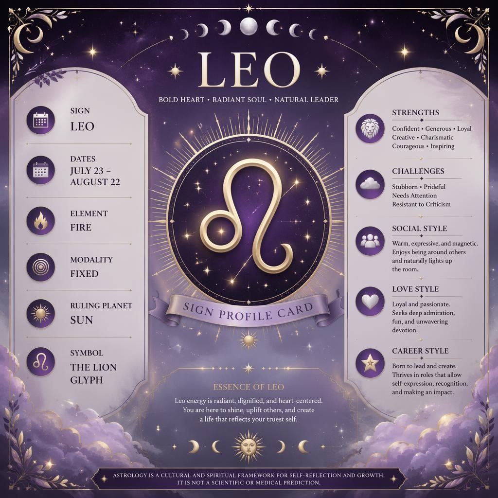 Pastel astrology infographic card titled Leo Traits with Leo glyph, dates, Sun ruling planet, traits, moon phases, stars.