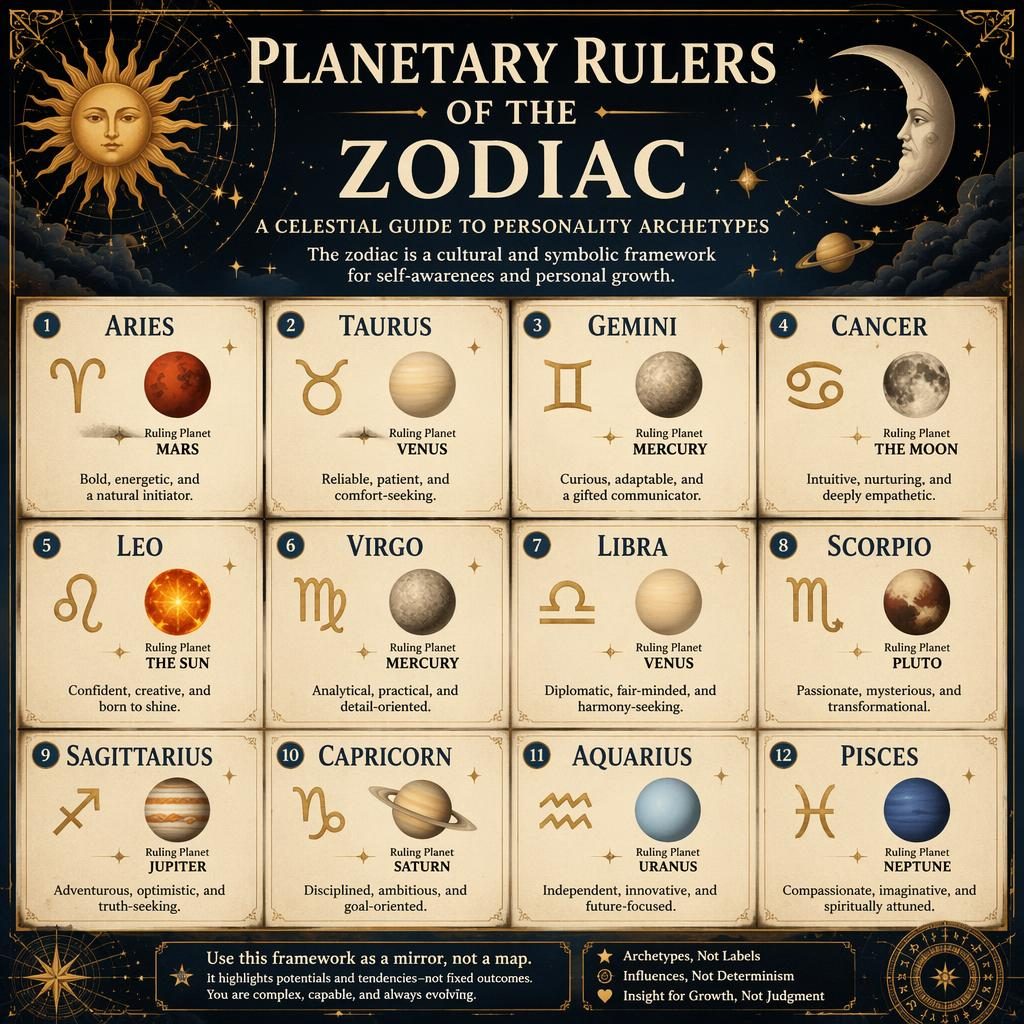Editorial zodiac infographic grid of 12 signs with glyphs, ruling planets, traits, celestial motifs, parchment texture.