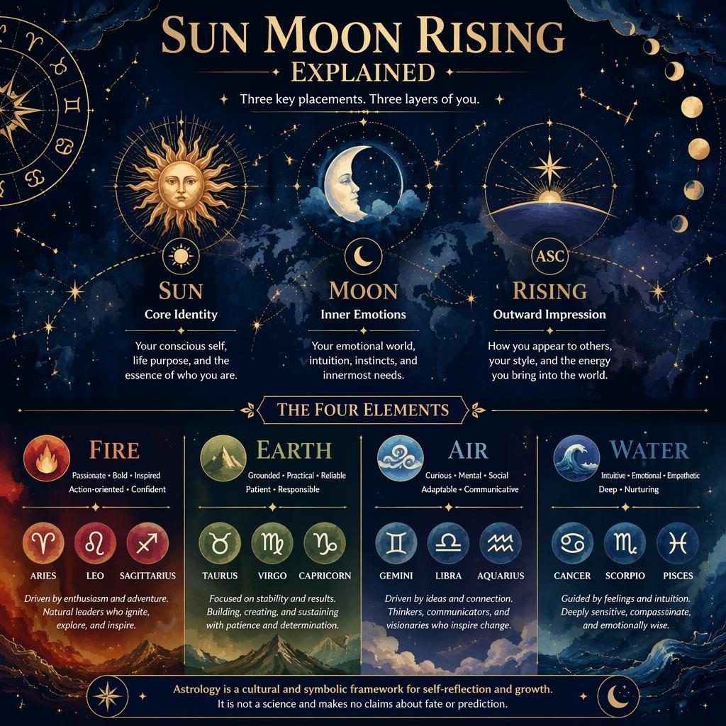 Mystical zodiac infographic with Sun, Moon, Rising meanings and four element groups in midnight blue and gold watercolor.