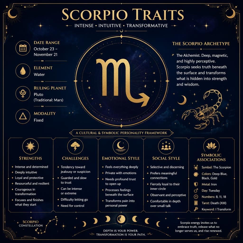Deep blue and gold Scorpio traits infographic with glyph, dates, element, planet, strengths, challenges, and stars.