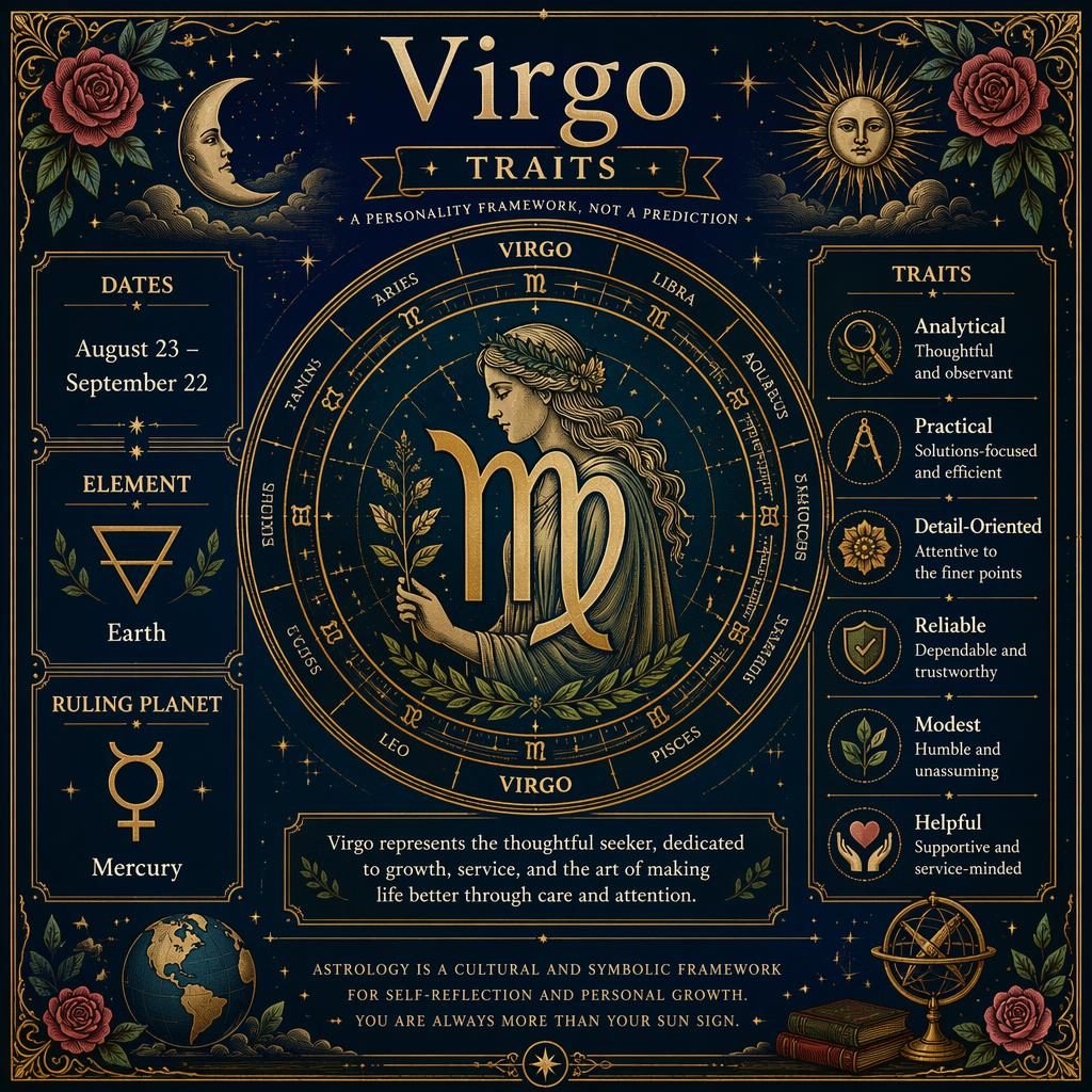 Vintage-style Virgo traits infographic with central Virgo glyph, zodiac wheel, panels for dates, element Earth, Mercury, and traits.
