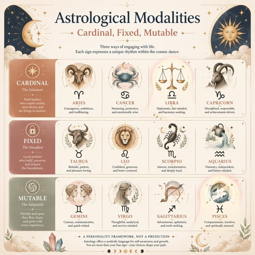 Infografía zodiacal en cuadrícula de 12 signos, agrupados en cardinal, fijo y mutable, con glifos y detalles celestiales.