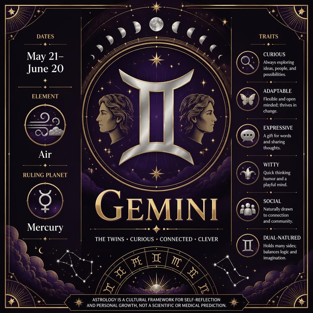 Gemini zodiac infographic card with central glyph, May 21–June 20, Air, Mercury, traits, stars, moon phases, purple and silver
