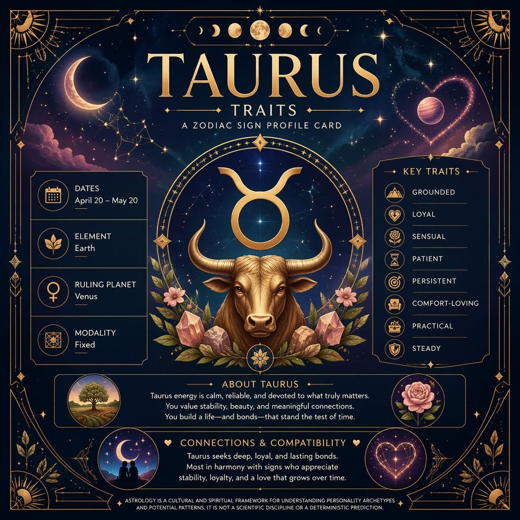 Infographie astrologique Taureau centrée sur le glyphe, palette bleu nuit et or, constellations, phases lunaires et bordures art déco.