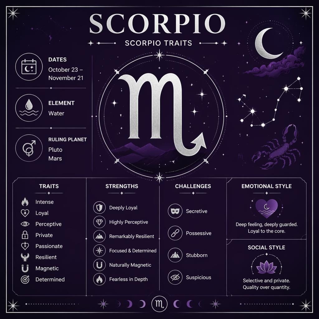 Minimal Scorpio traits infographic with purple and silver celestial design, glyph, dates, Pluto, Mars, traits and challenges.