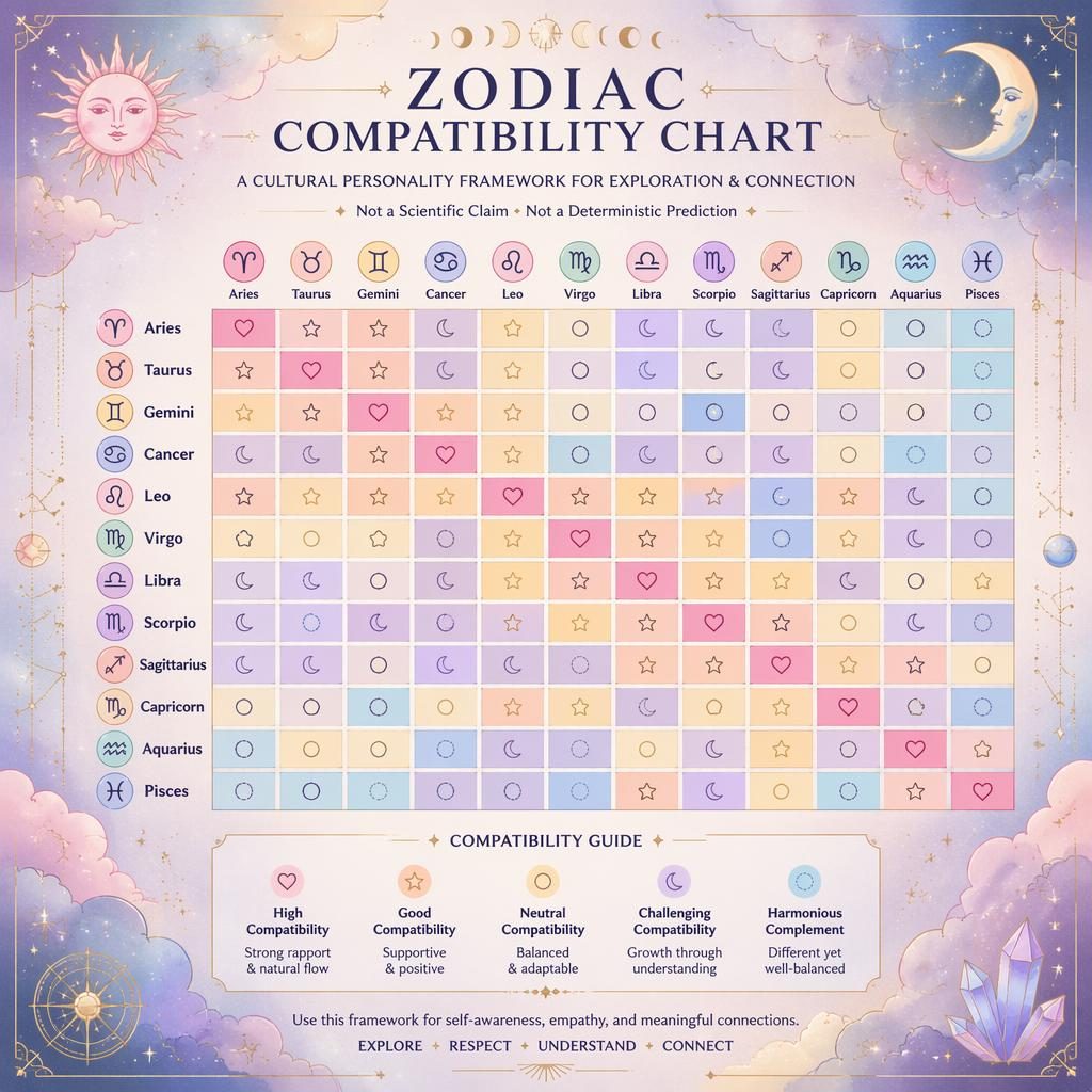 Zodiac infographic titled "Zodiac Compatibility Chart". Archetype: COMPATIBILITY MATRIX. 12×12 compatibility heatmap fea