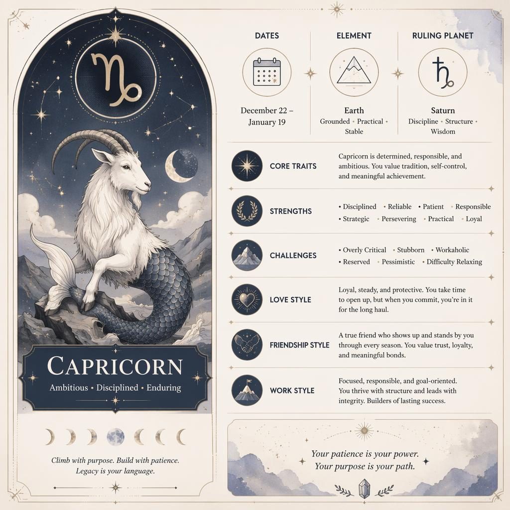Infografía zodiacal de Capricorn con glifo, fechas, Saturn, rasgos y detalles celestes en azul profundo y dorado pastel.